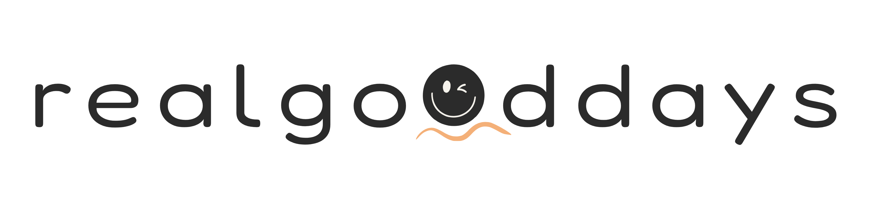 Real Good Days logo — brand name in charcoal lettering with a winking smiley face icon and apricot wave on a transparent background