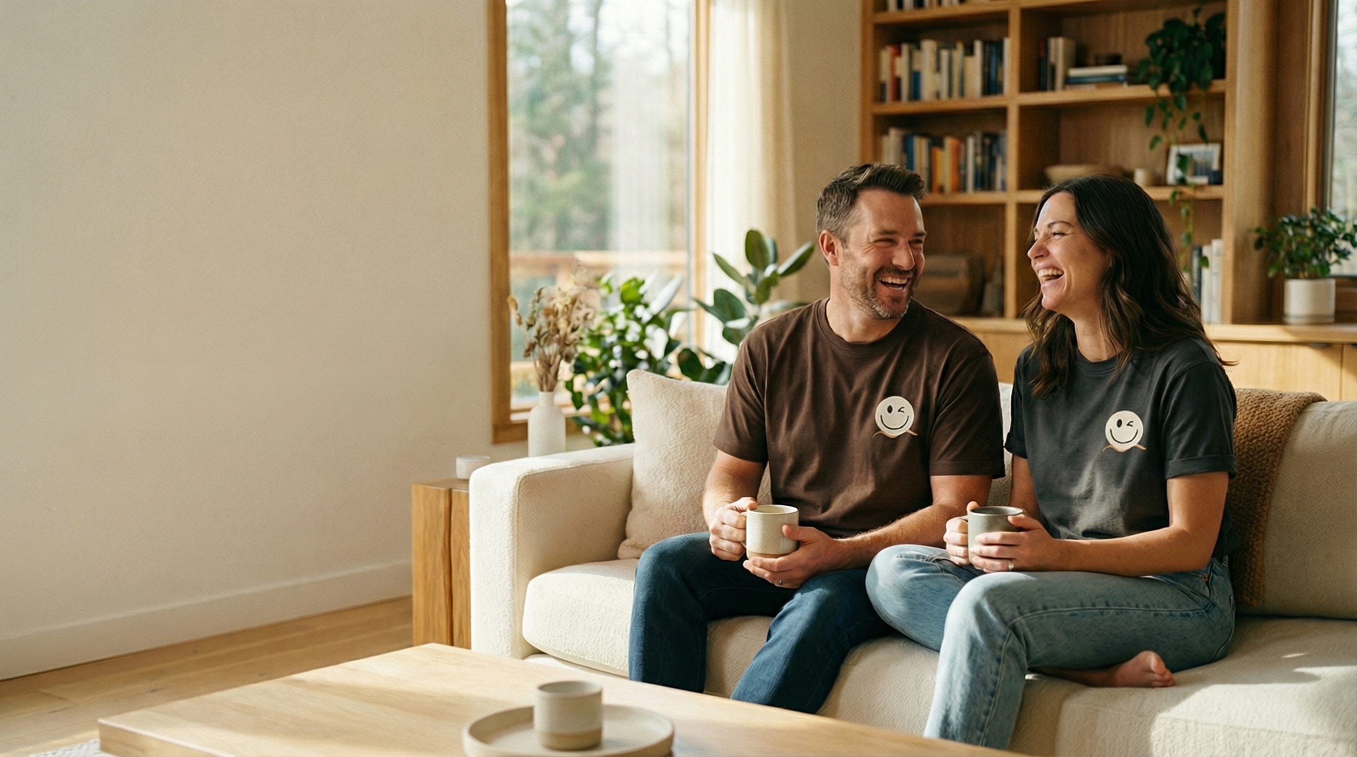 Members of the Real Good Days Club enjoying a slow morning on a cream-colored sofa, wearing heavyweight Comfort Colors 1717 t-shirts in Espresso and Pepper. The brand logo features a cream winking smiley face resting above a calm, apricot-colored wave—a symbol of intentional, slow movement—set in a sun-drenched living room.